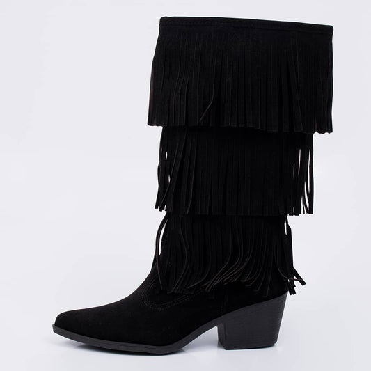 West - Bota Feminina Texana Cano Médio Camurça Franjas Preto
