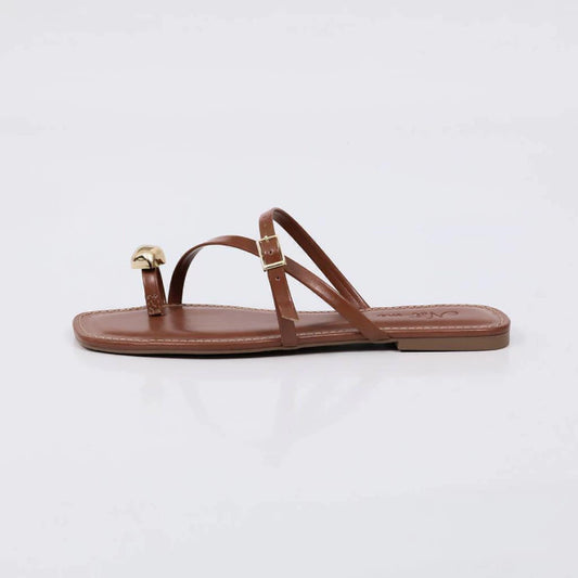 Iara - Rasteira Feminina Dedal Tiras Finas Fivela Caramelo