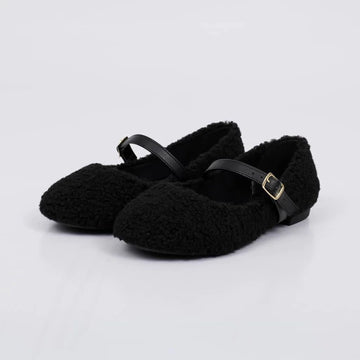 Tedi - Sapatilha Feminina Bico Redondo Fivela Pelo Teddy Preta