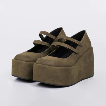 Lolita - Sapato Feminino Plataforma Camurça Bico Redondo Verde Militar