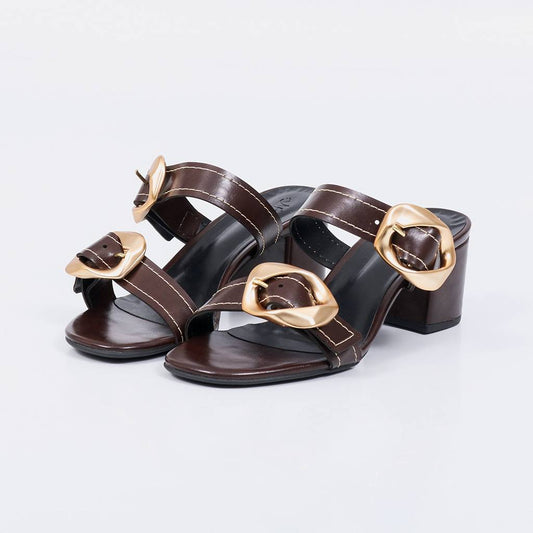 Sierra - Tamanco Feminina Fivela Dourada Salto Bloco Marrom Escuro