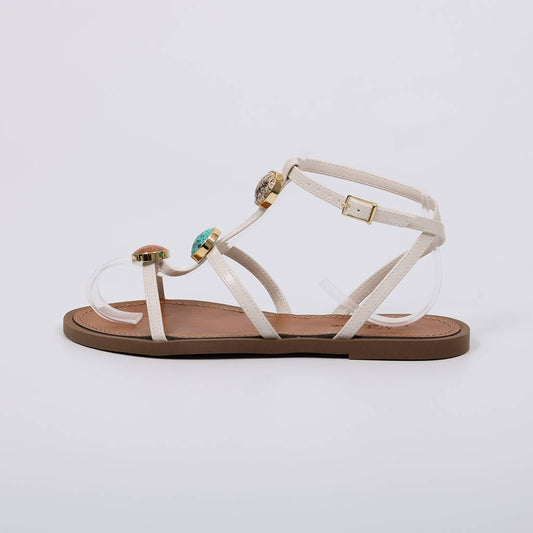 Beatrice - Sandália Feminina Rasteira Aplicações Pedras Off-white