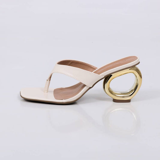 Lexa - Tamanco Feminino Salto Redondo Dourado Off-white