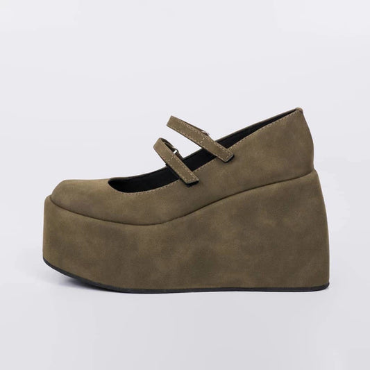 Lolita - Sapato Feminino Plataforma Camurça Bico Redondo Verde Militar