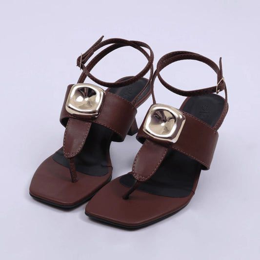 Turquia - Sandália Feminina Tamanco Bico Quadrado Salto Taça Marrom