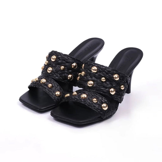 Maldivas - Tamanco Feminino Bico Quadrado Aplicação Palha Preto