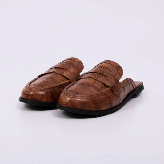 Rubi - Mule Feminino Bico Redondo Croco Detalhe Costura Caramelo