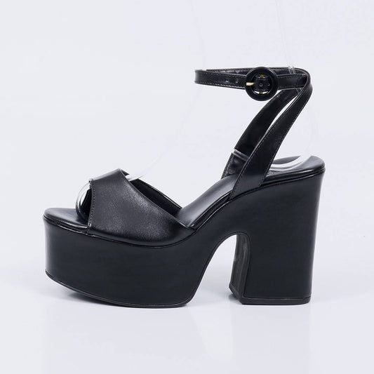 Celine - Sandália Feminina Plataforma Salto Bloco Alto Preto