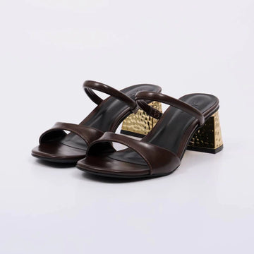 Liz - Tamanco Feminino Salto Bloco Dourado Tiras Marrom Escuro