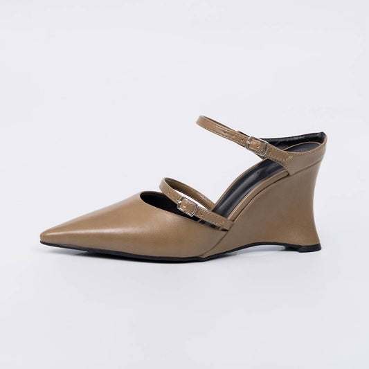 Bruma - Scarpin Feminino Anabela Tiras Fivela Dupla Marrom Claro