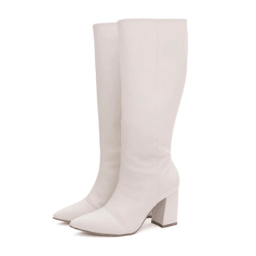 Talita - Bota Feminina Bico Fino Salto Grosso Cano Alto Off-white