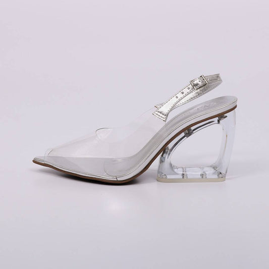 Margot - Mule Peep Toe Feminino Salto Transparente Vinil Prata