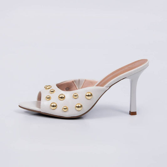 Toronto - Tamanco Feminina Salto Alto Tachas Douradas Off-white
