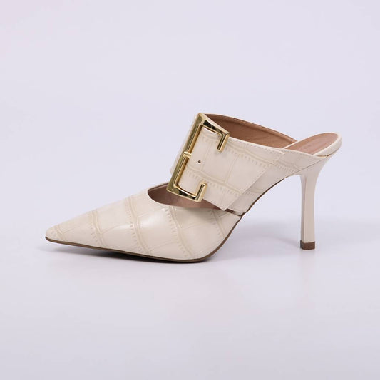 Dominique - Mule Feminino Salto Fino Com Fivela Off White