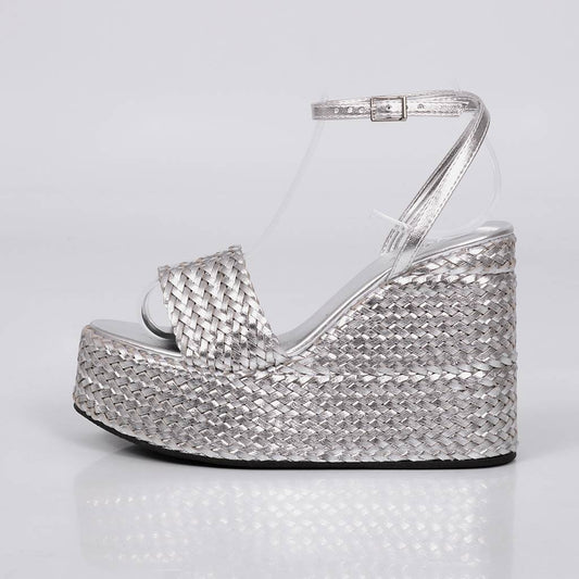 Vegas – Sandália Anabela Feminina Plataforma Trançada Prateado
