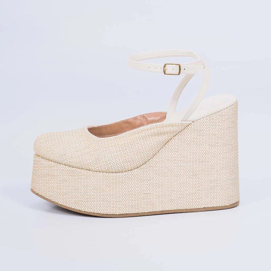 Savanna - Sandália Feminina Anabela Trançado Tira Off-white