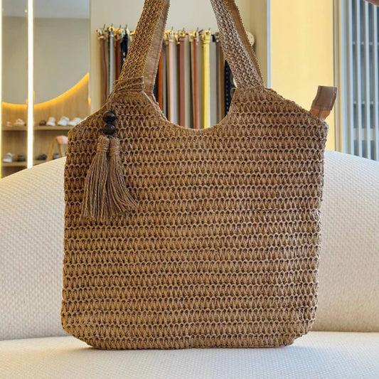Siena - Bolsa Feminina de Palha com Tassel Dupla Alça Marrom