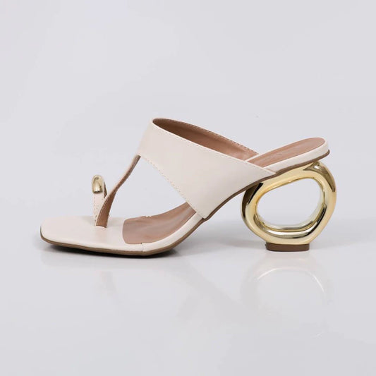 Oliva - Tamanco Feminino Salto Circular Dourado Off-white