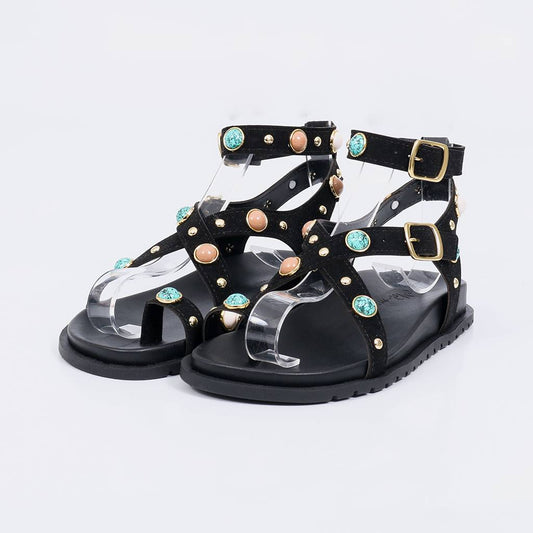 Troia - Papete Sandália Feminina Pedras Fivelas Preto