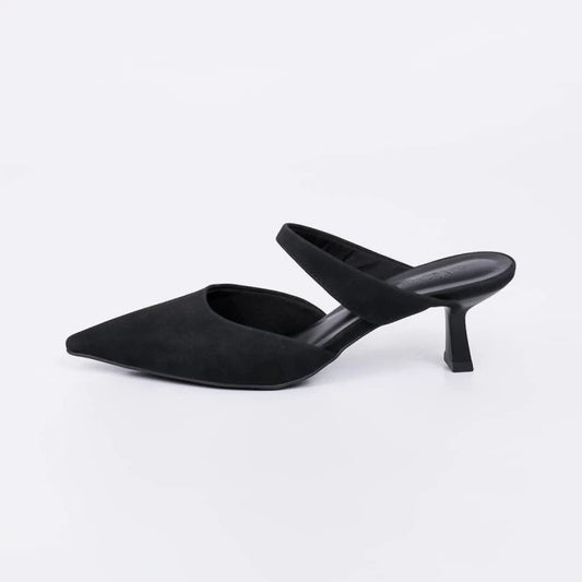 Kate - Mule Feminino Bico Fino Salto Kitten Heels Camurça Preto