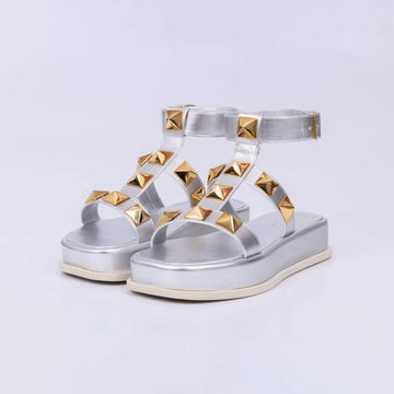 Cloe - Sandália Papete Feminina Flatform Aplicações Prata