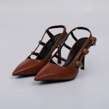 Tessa - Scarpin Feminino Fivela Abertura Lateral Marrom Caramelo