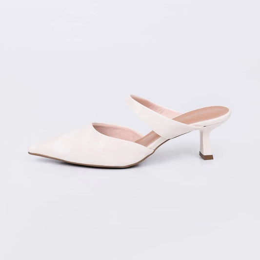 Kate - Mule Feminino Bico Fino Salto Kitten Heels Camurça Off-White