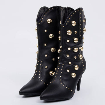 Giza - Bota Feminina Texana Cano Curto Tachas Douradas  Preto