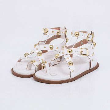 Bela - Sandália Feminina Tiras com Tachas Fivelas Branco