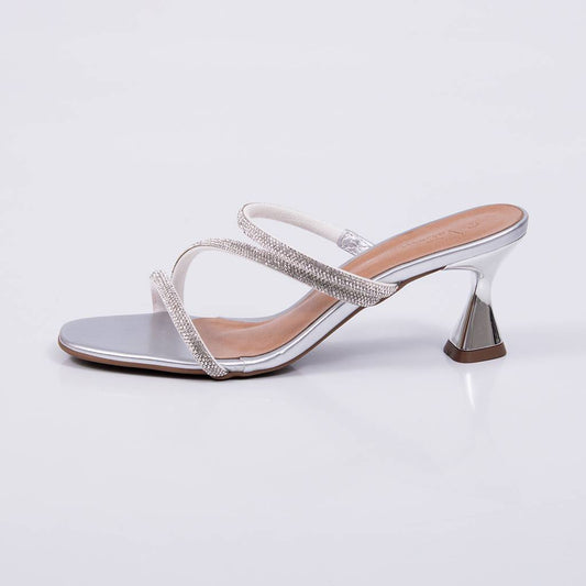 Lia - Tamanco Feminino Salto Taça Tiras Strass Prata