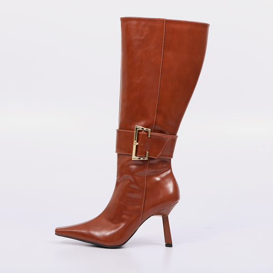 Perla - Bota Feminina Elegante Cano Médio Salto Fino Fivela Caramelo