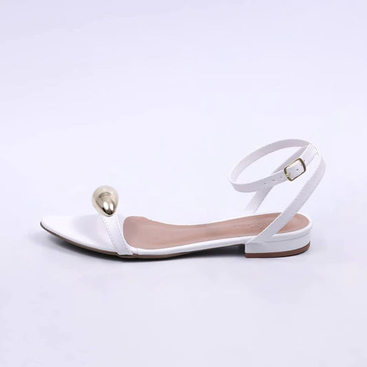 Valence - Sandália Rasteira Feminina Bico Folha Aplicação Branca