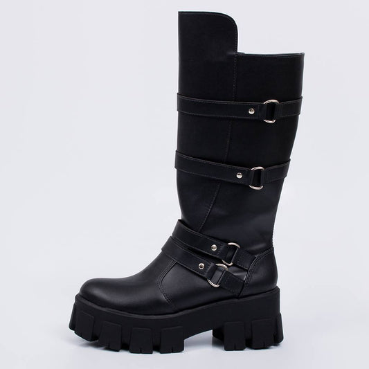 Califa - Bota Feminina Tratorado Tiras Fivelas Preta