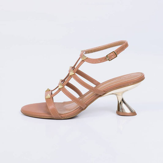 Delfi - Sandália Feminina Fivela Salto Taça Dourado Marrom