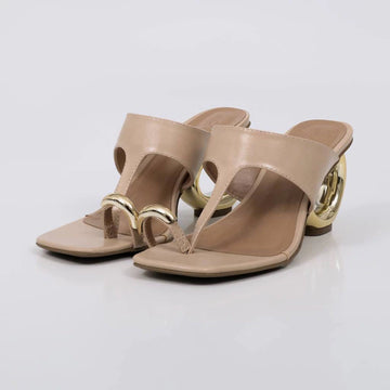 Oliva - Tamanco Feminino Salto Circular Dourado Bege