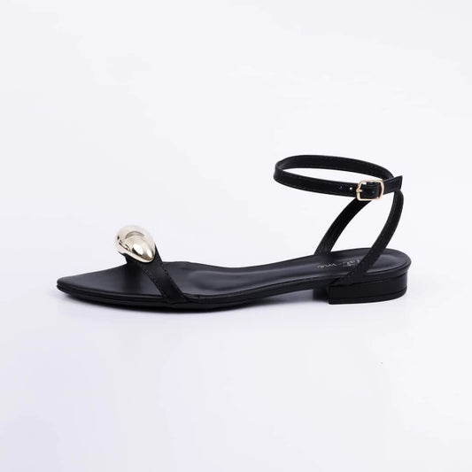 Valence - Sandália Rasteira Feminina Bico Folha Aplicação Preta