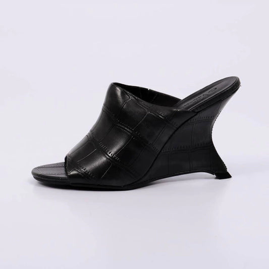 Suzy - Tamanco Feminino Salto Anabela Textura Croco Preto