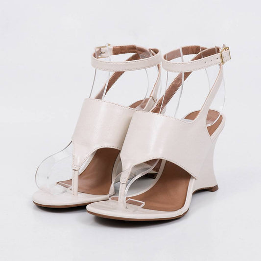 Cali - Sandália Feminina Anabela Tiras Fecho Tornozelo Off-white