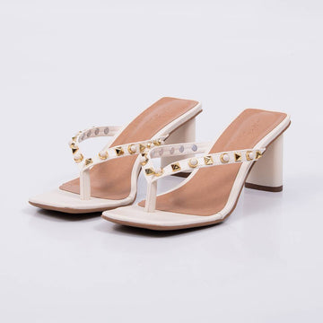 Cléo - Tamanco Feminino Tiras Salto Grosso Aplicação Off-white