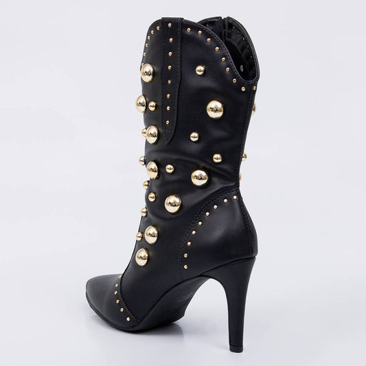 Giza - Bota Feminina Texana Cano Curto Tachas Douradas  Preto