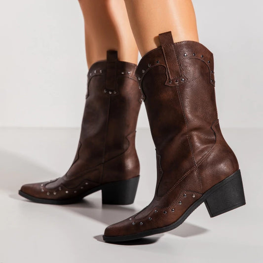 Lorena - Bota Feminina Texana Country Cano Médio Aplicação Marrom Cacau