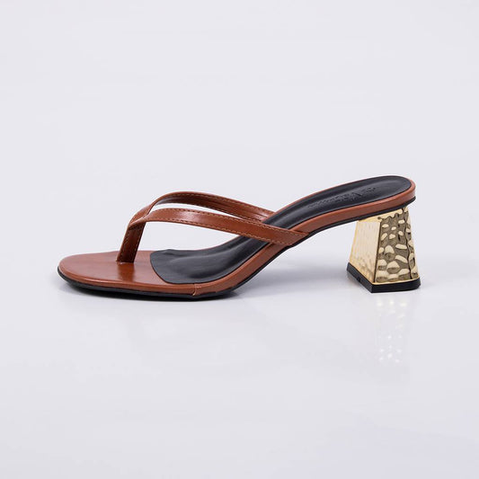 Perola - Tamanco Feminino Salto Bloco Dourado Cromado Caramelo