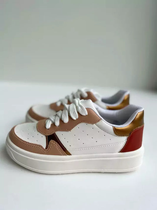 Sydney - Tênis Feminino Casual Cadarço Plataforma Branco/Nude