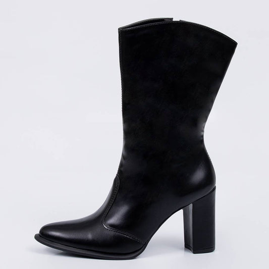 Coral - Bota Feminina Cano Médio Salto Bloco Bico Fino Preto