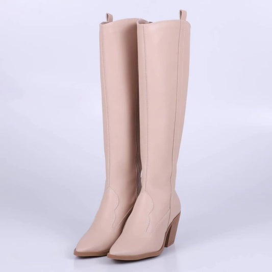 Nati - Bota Feminina Texana Cano Longo Bico Fino Salto Grosso Amêndoa