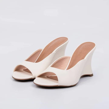 Oasis - Tamanco Feminino Anabela Bico Aberto Liso Off-white
