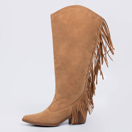 Marrocos - Bota Feminina Cano Alto Salto Bloco Franjas Palha