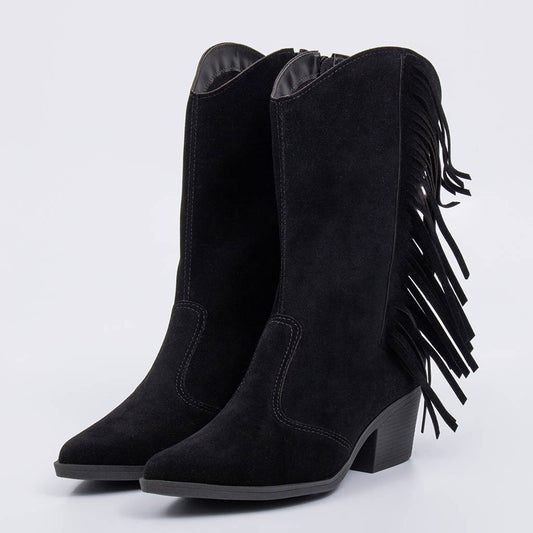 Dallas - Bota Feminina Texana Salto Grosso Franja Preto