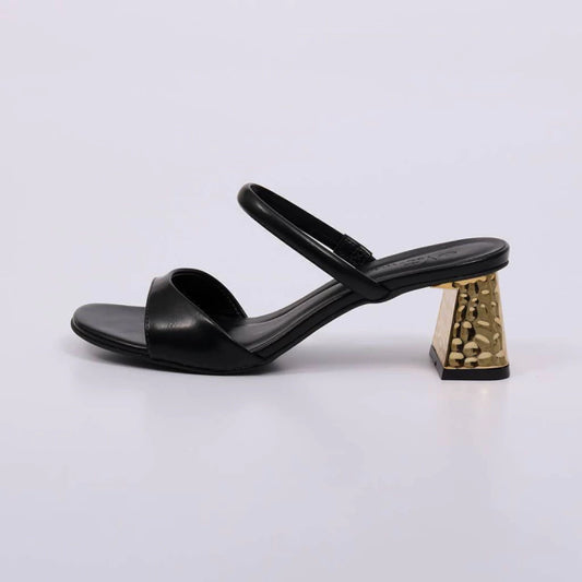 Liz - Tamanco Feminino Salto Bloco Dourado Tiras Preto