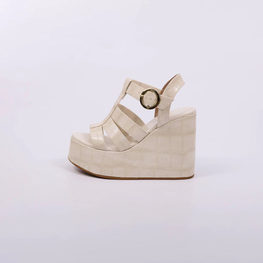 Eloah - Sandália Feminina Salto Anabela Croco Com Tiras Off White